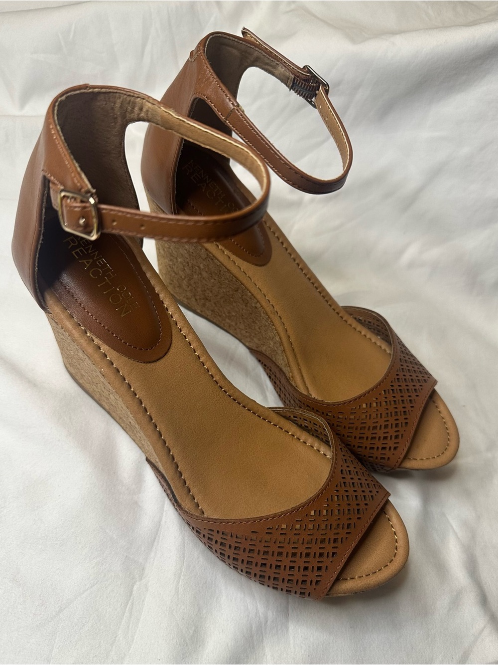 Kenneth Cole Reaction Tan Brown Perforated Wedge Sandals with Ankle Strap